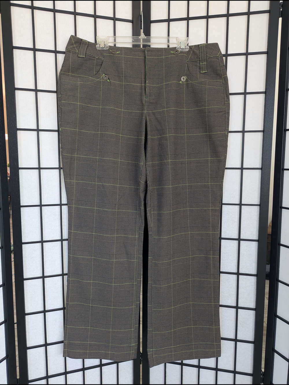 Cato Plaid Pants in Brown with Vibrant Green Stitching. Size 16